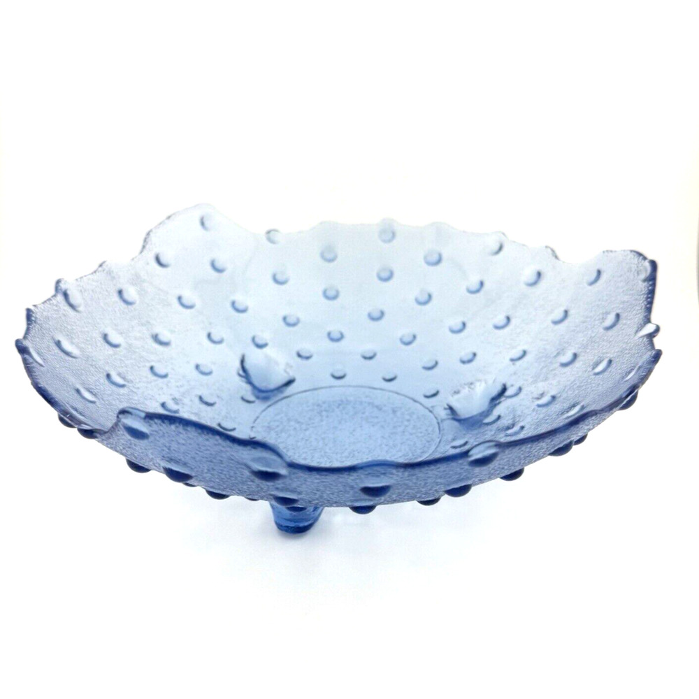 Blue Glass Hobnail Bowl With Tripod Legs